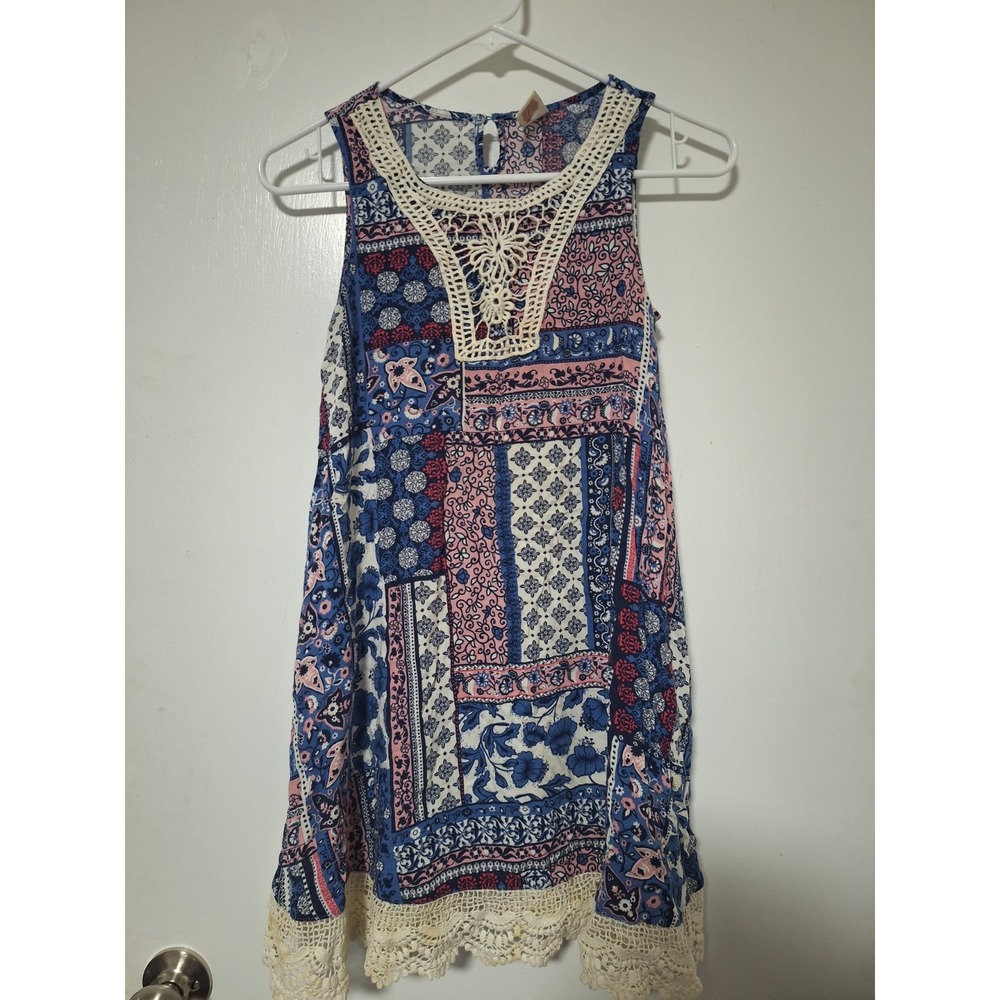Arizona Jean Co Girls Size 14 Patchwork Floral Tank Dress Crochet Trim Blue Pink